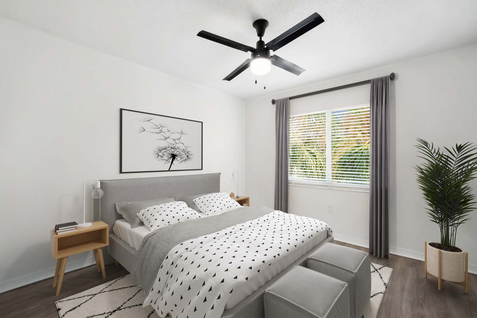 Virtually staged bedroom with ceiling fan, bed, nightstand, hardwood-style flooring and a window.